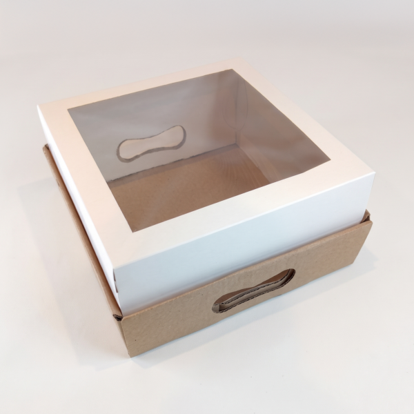 Caja Cartulina Blanca 25 x 25 x 12 cm C/Visor Base Marrón C/Agarre X 50 Unid