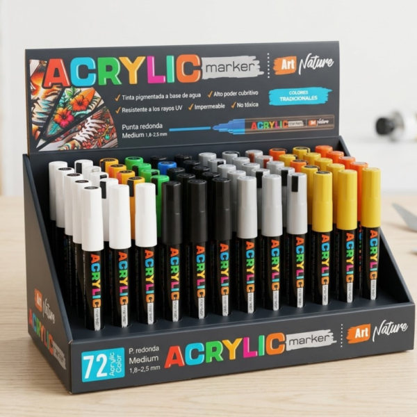 Exhibidor de 72 marcadores acrílicos Art Nature de varios colores con punta redonda media sobre mostrador de Witpel.