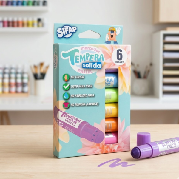 Set de 6 témperas sólidas Sifap en tonos pastel, presentadas en caja sobre escritorio de librería técnica.