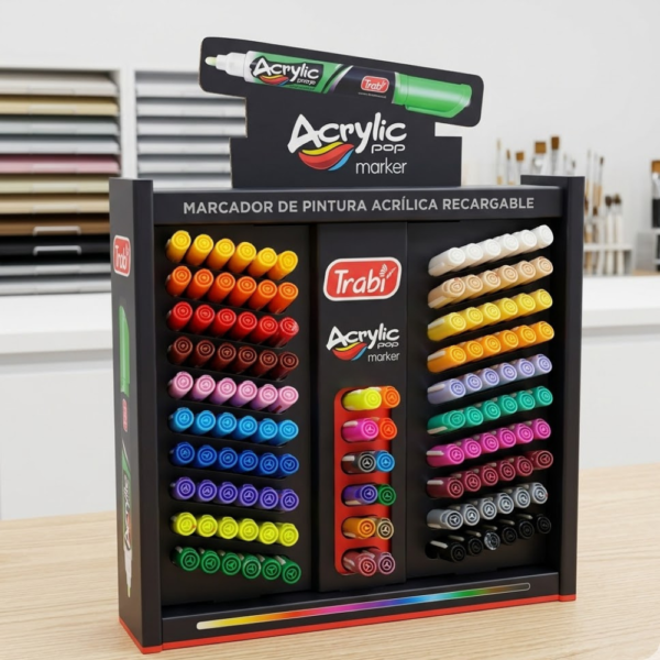 Exhibidor de mostrador completo de marcadores acrílicos Trabi Acrylic Pop Marker recargables con múltiples colores, en una tienda de Merlin Hogar.