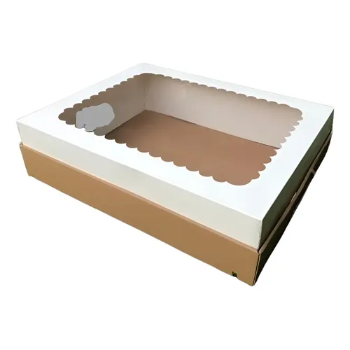 Caja Cartulina Blanca 35 x 25 x 12 cm C/Visor Base Marrón C/Agarre X 50 Unid