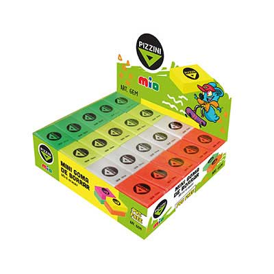 Goma escolar mini. 30x20x10 mm. Fluo. x Bulto 60unid