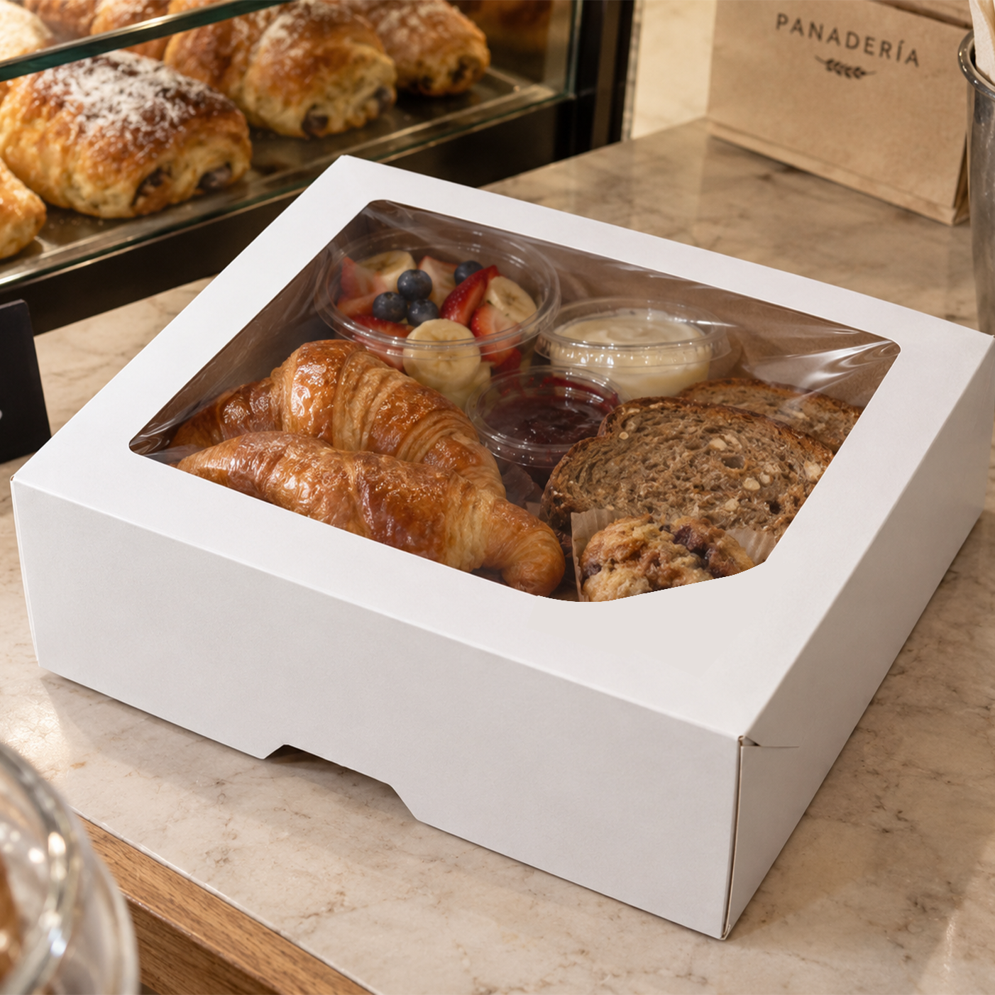 Caja Cartulina Blanca C/Visor 25 x 25 x 15 cm Desayuno X 50 Unid - Imagen 2